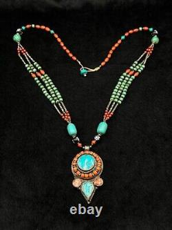 Rare Beautiful Tibetan Vintage Necklace With Natural Turquoise & Coral Stone