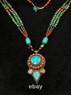 Rare Beautiful Tibetan Vintage Necklace With Natural Turquoise & Coral Stone