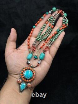 Rare Beautiful Tibetan Vintage Necklace With Natural Turquoise & Coral Stone