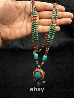 Rare Beautiful Tibetan Vintage Necklace With Natural Turquoise & Coral Stone