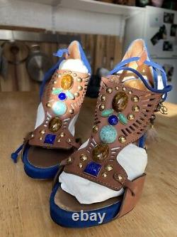 Rare Blue Dsquared2 Womens Heels Sandals Size 6.5, 37 Feathers Stones Beads