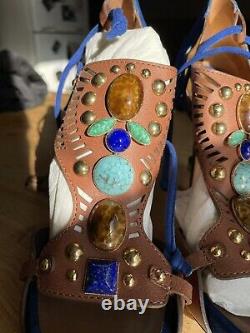 Rare Blue Dsquared2 Womens Heels Sandals Size 6.5, 37 Feathers Stones Beads
