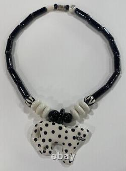 Rare Ceramic Black & White Polka Dot Cat Necklace Hand Made Candace Loheed Rubyz
