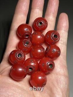 Rare Chinese old red agate 12 beads ancient inscription design bracelet