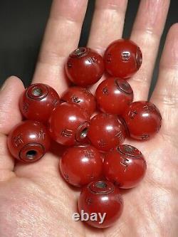 Rare Chinese old red agate 12 beads ancient inscription design bracelet