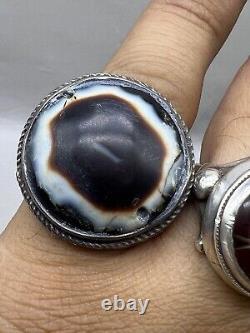 Rare Dze Old Eye Agate Bead Silver Ring, size 7, central Asia