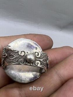 Rare Dze Old Eye Agate Bead Silver Ring, size 7, central Asia