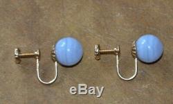 Rare Estate Gumps Gump's Blue Chalcedony Round Bead 14k Gold Screw Back Earring