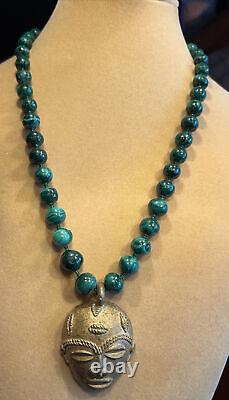 Rare! Ethnic Brass African Mask Pendant with African Malachite Beads Necklace