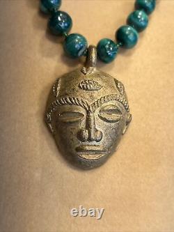 Rare! Ethnic Brass African Mask Pendant with African Malachite Beads Necklace