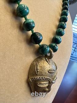 Rare! Ethnic Brass African Mask Pendant with African Malachite Beads Necklace