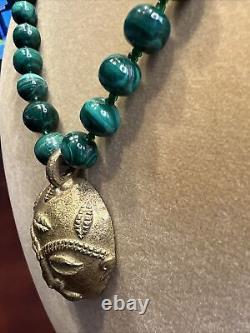 Rare! Ethnic Brass African Mask Pendant with African Malachite Beads Necklace