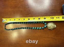 Rare! Ethnic Brass African Mask Pendant with African Malachite Beads Necklace