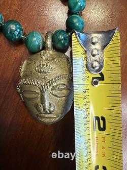 Rare! Ethnic Brass African Mask Pendant with African Malachite Beads Necklace