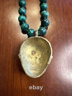 Rare! Ethnic Brass African Mask Pendant with African Malachite Beads Necklace