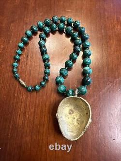 Rare! Ethnic Brass African Mask Pendant with African Malachite Beads Necklace