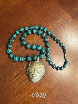 Rare! Ethnic Brass African Mask Pendant with African Malachite Beads Necklace