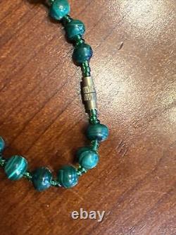 Rare! Ethnic Brass African Mask Pendant with African Malachite Beads Necklace