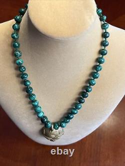 Rare! Ethnic Brass African Mask Pendant with African Malachite Beads Necklace