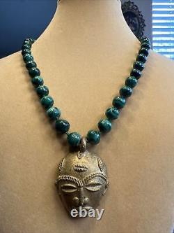 Rare! Ethnic Brass African Mask Pendant with African Malachite Beads Necklace