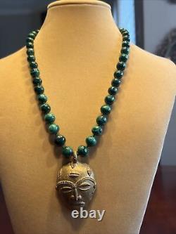 Rare! Ethnic Brass African Mask Pendant with African Malachite Beads Necklace