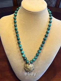 Rare! Ethnic Brass African Mask Pendant with African Malachite Beads Necklace