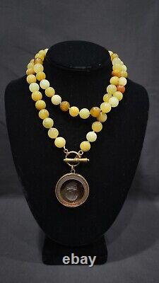 Rare Extasia Carved Intaglio Cameo Pendant & Jade Beads 32 Long Necklace