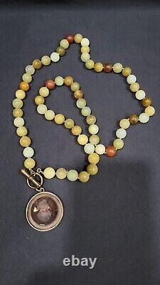 Rare Extasia Carved Intaglio Cameo Pendant & Jade Beads 32 Long Necklace