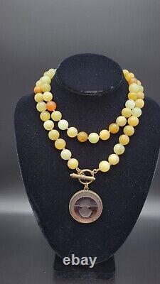 Rare Extasia Glass Intaglio Pendant & Jade Beads 32 Long Necklace