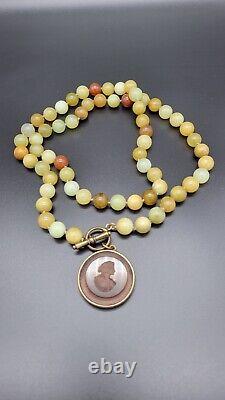 Rare Extasia Glass Intaglio Pendant & Jade Beads 32 Long Necklace