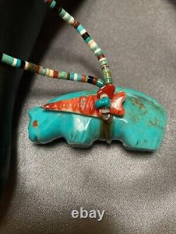 Rare Find! Zuni Hand Carved Turquoise Bear & Coral Arrowhead Fetish Necklace