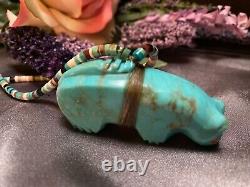 Rare Find! Zuni Hand Carved Turquoise Bear & Coral Arrowhead Fetish Necklace