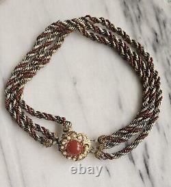 Rare Florenza Red Beaded & Metal Twisted 3 Strand Center Clasp Collar Necklace