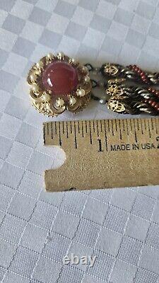 Rare Florenza Red Beaded & Metal Twisted 3 Strand Center Clasp Collar Necklace