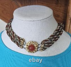 Rare Florenza Red Beaded & Metal Twisted 3 Strand Center Clasp Collar Necklace