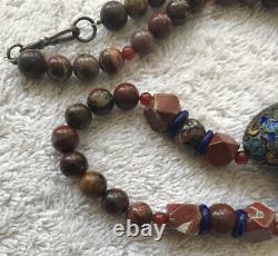 Rare Fossil & Red Agate Beads Withglazed Alloy Accent Beads Necklace
