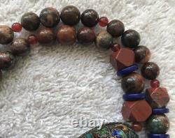 Rare Fossil & Red Agate Beads Withglazed Alloy Accent Beads Necklace
