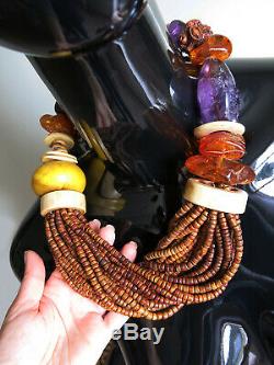 Rare! Gerda Lynggaard Monies Baltic Amber Amethyst Coconut Bead Massive Necklace