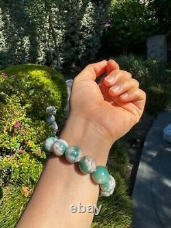 Rare High-grade 14mm Green Sakura/Cherry Blossom Agate Beaded Bracelet