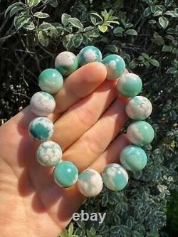 Rare High-grade 14mm Green Sakura/Cherry Blossom Agate Beaded Bracelet