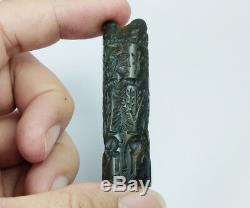 Rare Jade Green Stone Intaglio Ritual Sphinx Rolling Seal Stamp Tube Bead BCD31