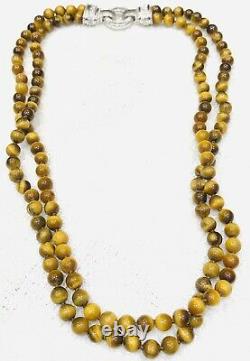 Rare Judith Ripka Tigers Eye Bead Necklace with 925 Sterling Silver CZ Clasp