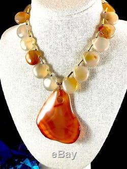Rare Kenneth Jay Lane Gold-tone Bead Agate Stone Necklace Pendant