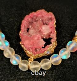 Rare'Mahina' Moon Stone energy power necklace with Gold Leaf Agate 17 inches