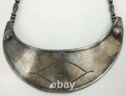 Rare Native American Engraved Gorget Trade Sterling Silver Bench Bead Necklace