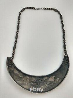Rare Native American Engraved Gorget Trade Sterling Silver Bench Bead Necklace