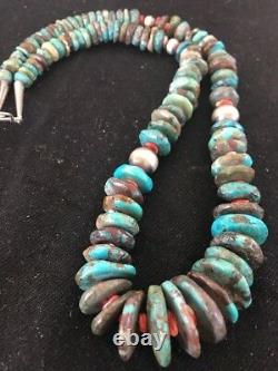 Rare Native American Navajo Blue Turquoise Sterling Silver Spiny 24Necklace 202