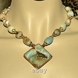 Rare Natural Amazonite Inlaid Pendant Necklace Earring Set In Gold