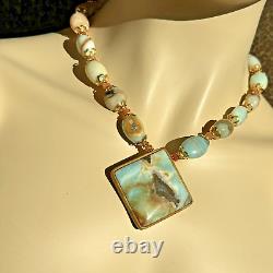 Rare Natural Amazonite Inlaid Pendant Necklace Earring Set In Gold