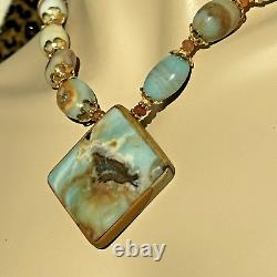 Rare Natural Amazonite Inlaid Pendant Necklace Earring Set In Gold